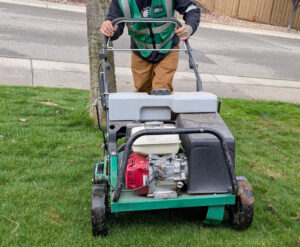 Loose Dirt tech aerating a lawn in Folsom