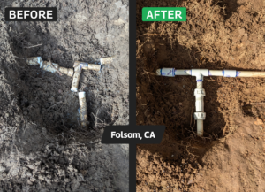 before - after sprinkler pipe repair in Folsom